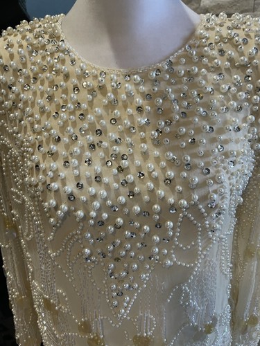 VTG 1980s Oleg Cassini Cream Silk Pearl Beaded And Sequin Blouse Size Small - Picture 2 of 22