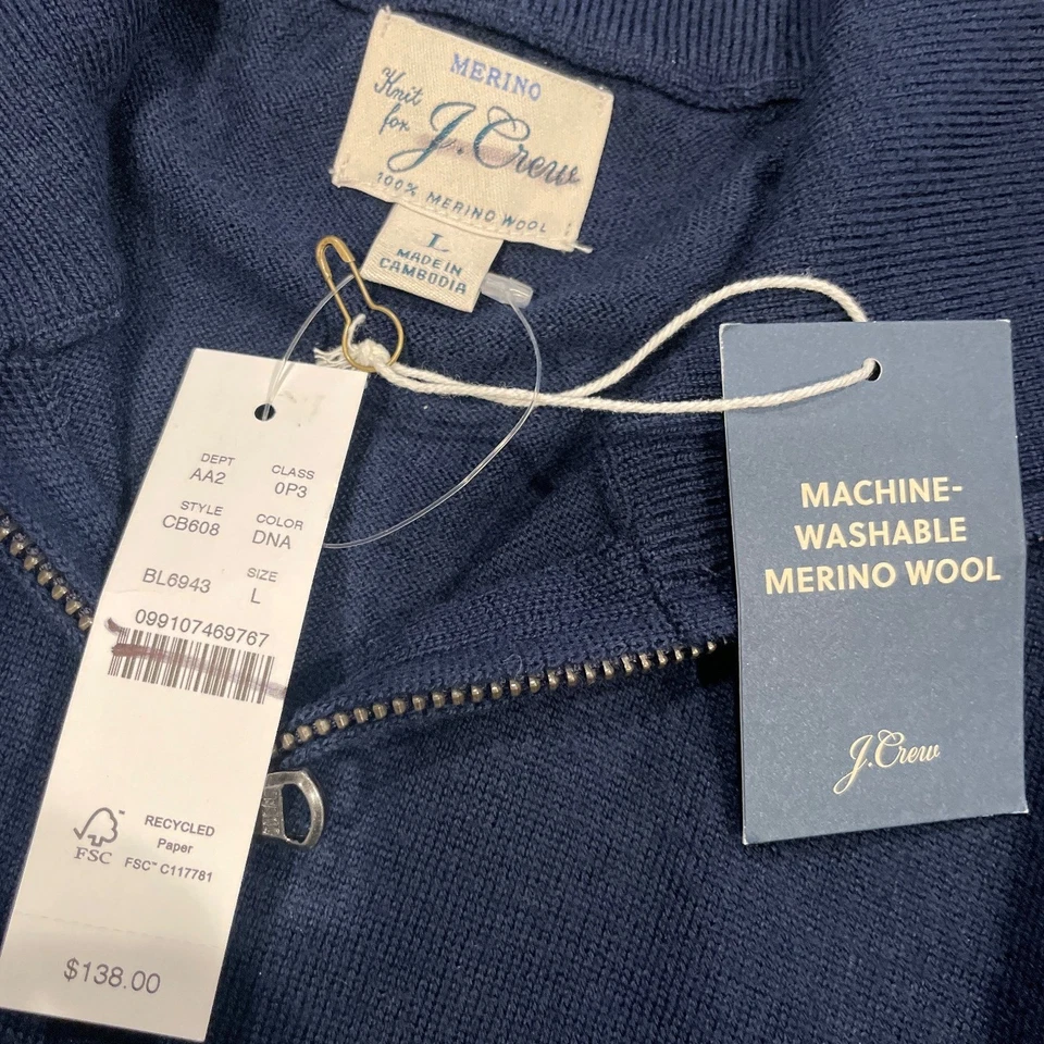 NWT J.Crew Men's Sz L Navy Blue Merino Wool Half-Zip Sweater Machine Wash CB608 - Image 3 of 4