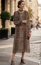GANNI $225 Georgette Leopard Print Maxi Dress Flare Long Sleeve Plisse Sz 36/S