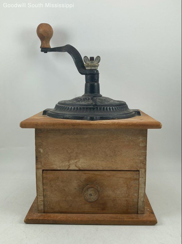 Vintage Wooden Coffee Grinder w/ Cast Iron Top Hand Crank