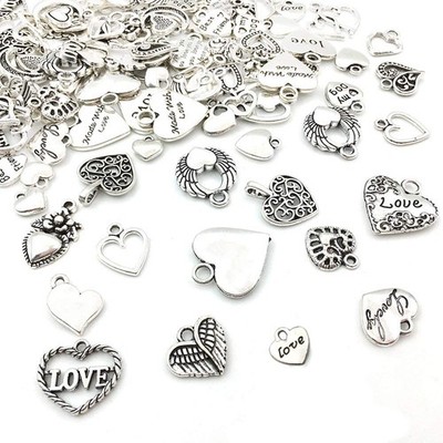 100 pcs Mix Antique Silver Heart Beads Charms for Jewelry Making Valentines D...