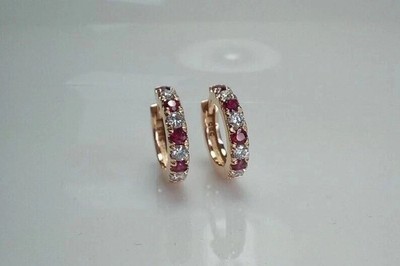 2Ct Round Cut Simulated Red Ruby Huggie Hoop Earrings 14K Yellow Gold Plated