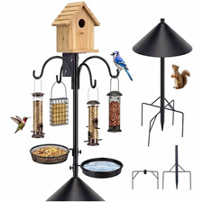 4 in 1 92 Inch Bird Feeder Pole with Squirrel Baffle With Bath, Food Tray, 4 Hoo