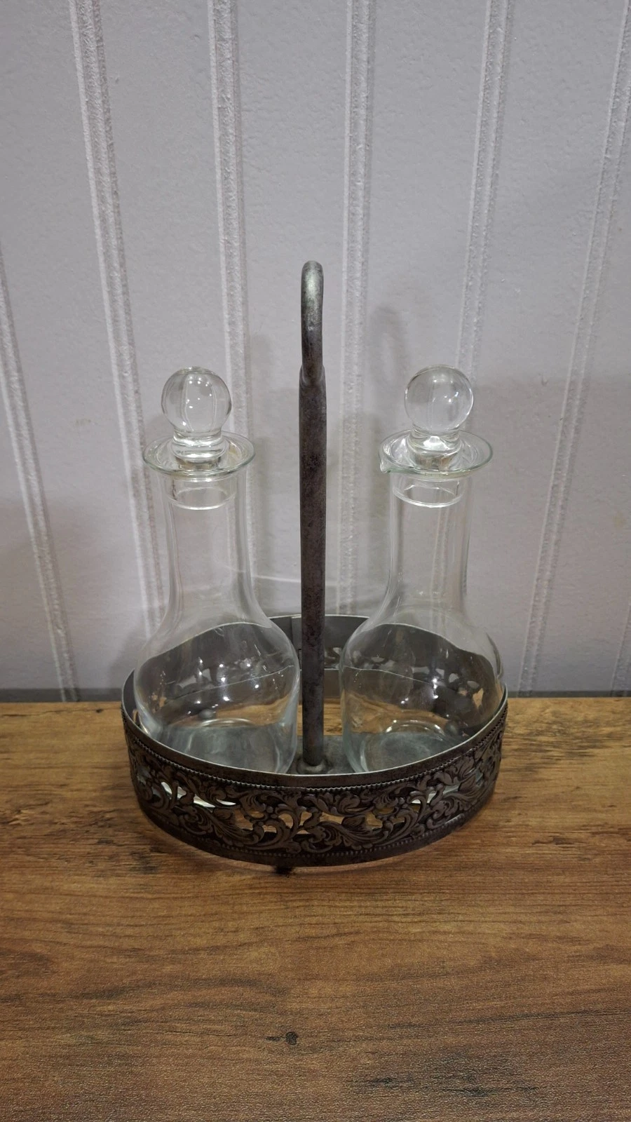 Vintage Set Glass Oil Vinegar Bottles Cruets Silver Carrier Kitchen Accessories