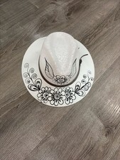 Hand-Painted Floral Straw Fedora Hat - White with Black Flowers