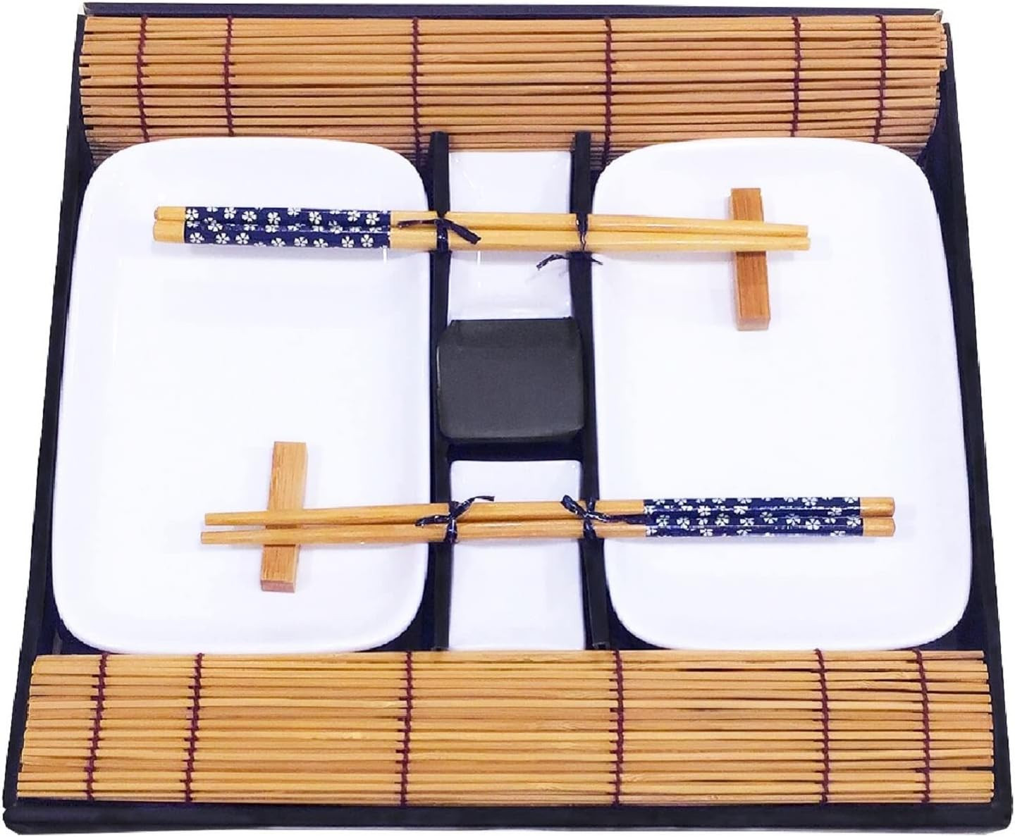 Sushi Teller Set 10-teilig - 2 x Sushi Teller, 2 x Dipschalen, 2 x Bambus Tischsets, 2