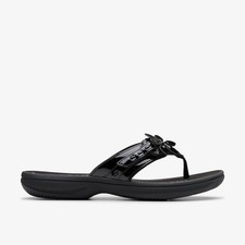 Clarks Womens Brinkley Opal Black Patent Flat Sandals,Flip Flops Synthetic
