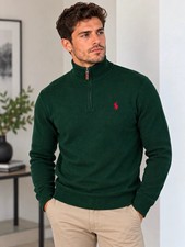 Polo Ralph Lauren Men's M Green Cotton Knit 1/4 Zip Mock Neck Logo Sweater Pima