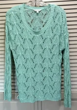 Charming Charlie Open Knit Sweater Scoop Neck Long Sleeve Size M Green