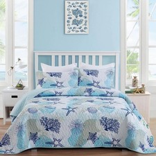 Coastal Quilt Set Twin Size Blue Ocean Beach Themed Bedding Set Coral Seashell