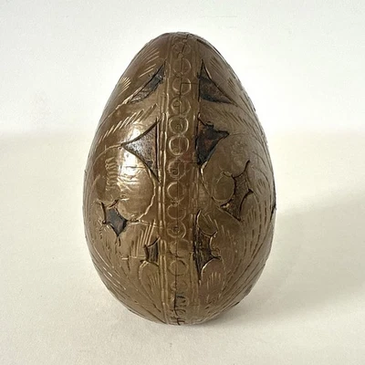 Vintage Decorative Ornate Wooden Egg Hammered Metals Floral Indian Handmade Boho - Image 1 of 4