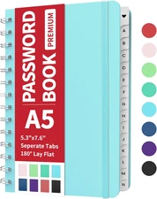 Password Book with Individual Alphabetical Tabs, 5.3"X7.6" Medium Size Password