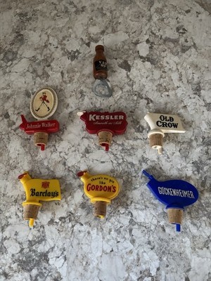 Vintage Whiskey Pourers & Bottle Opener 50s & 60s Set of 6 Johnny Walker/others