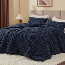 Navy Blue Fluffy Twin Comforter Set - Soft Fleece Bedding for Winter