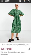Womens Asos Vila Flutter Sleeve Green Leopard Cheetah Print Dress Sz M/L 38