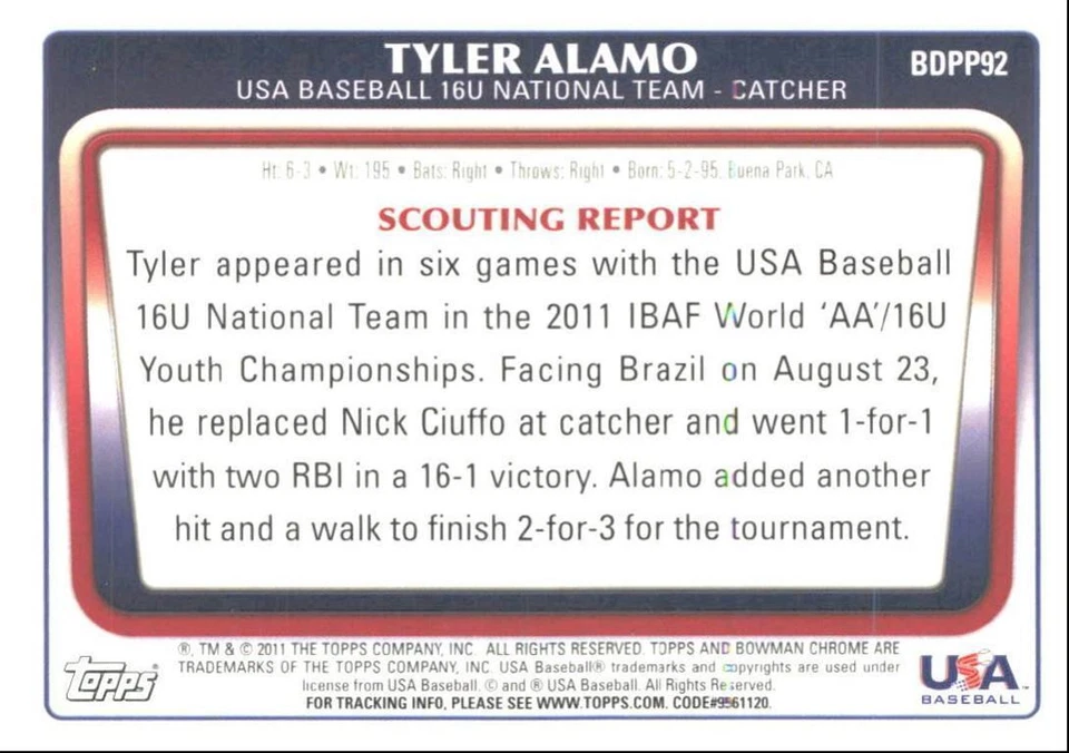 2011 Bowman Draft Picks & Prospects Chrome Tyler Alamo USA #BDPP92 - Image 2 of 2