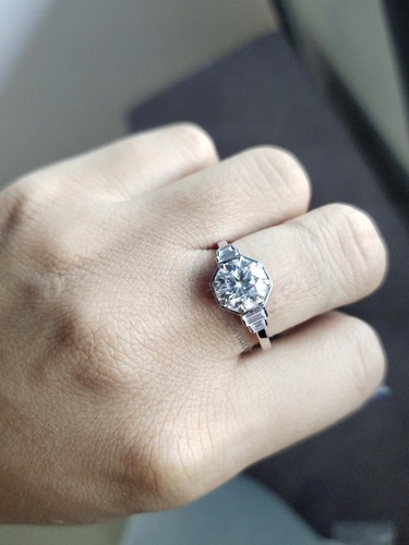 Octagon Shape Bezel Set Moissanite Ring Round Cut Wedding Vintage Ring Silver - Picture 4 of 14