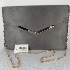 Envelope Foldover Casual Gray Evening Clutch Bag Shoulder Gold Chain Attached