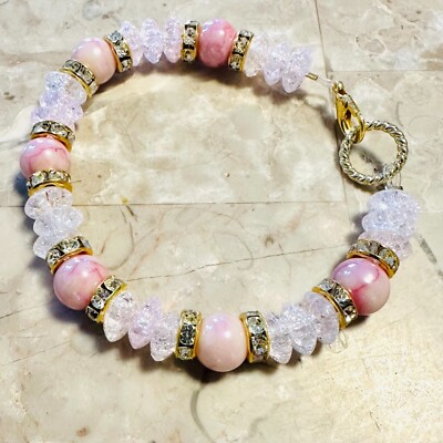 Women s Pink Rose & Gold Rhinestone Beaded Bracelet