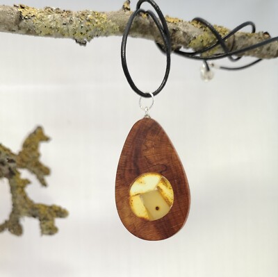 Bernstein Holz Design Schmuck Original Anhänger Geschenk, Holz und Bernstein Stein Schmuck