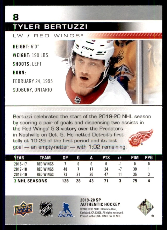 2019-20 SP Authentic Tyler Bertuzzi Detroit Red Wings #8 - Image 2 of 2