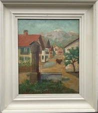 Impressionist Summer Day Village Square Houses Church Fountain Mountain Summit