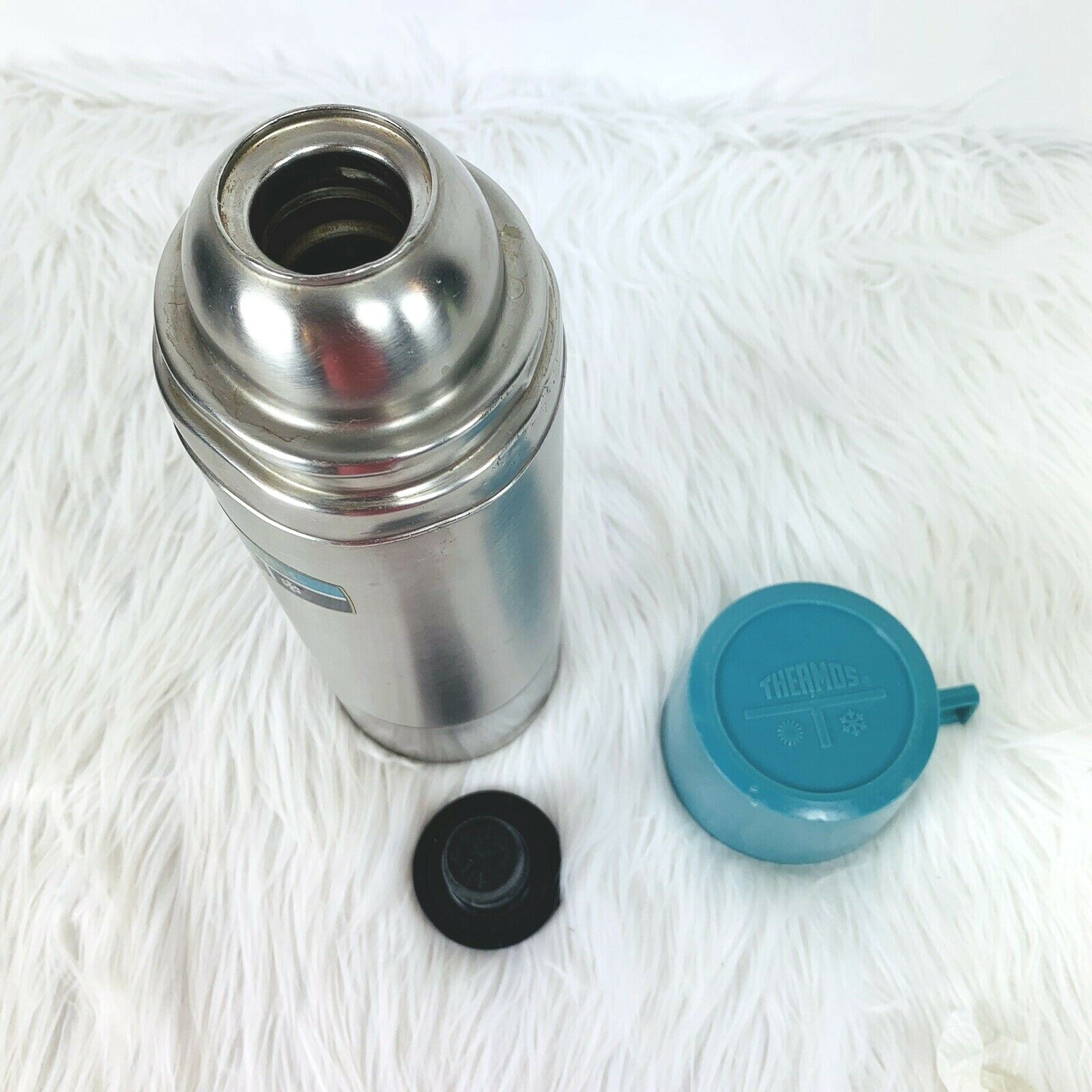 Vintage Thermos Aqua Blue Stainless Steel Vacuum Bottle 2464S Quart
