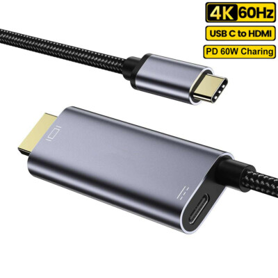 USB Type C to HDMI Adapter Cable 4K 60Hz with PD 60W Power