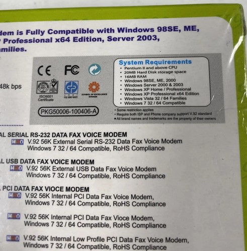 Hiro PCI Data Fax Modem 56k H50006 Dial Up Support up to Windows 7 NIB - Picture 3 of 4