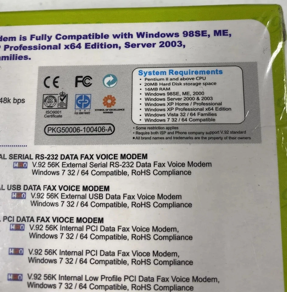 Hiro PCI Data Fax Modem 56k H50006 Dial Up Support up to Windows 7 NIB - Image 3 of 4