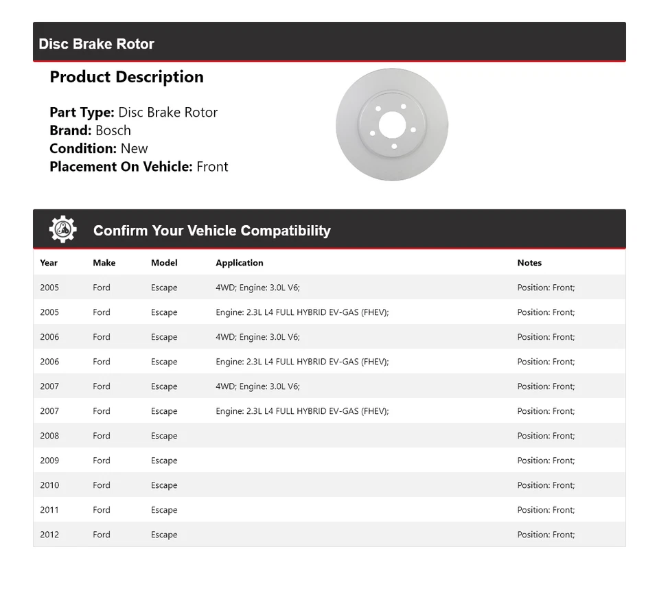 For 2005-2012 Ford Escape Bosch QuietCast Disc Brake Rotor Front 2006 2007 2008 - Image 2 of 4