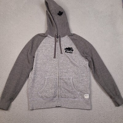 Roots Canada Hoodie Jacket Mens Small Gray Full Zip Sweatshirt Maple Leaf Raglan