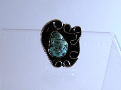 Old Pawn Handmade Silver Turquoise Nugget Shadowbox Ring Signed Tom Cat Size 9
