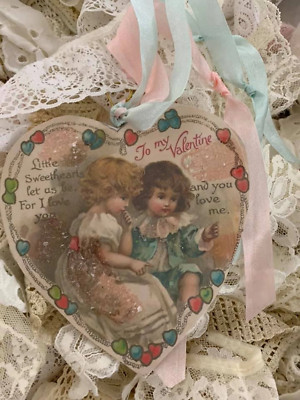 VALENTINE CHILDREN HEART ORNAMENT*CUT TWO LAYERS*VINTAGE SEAM BINDING RIBBONS*