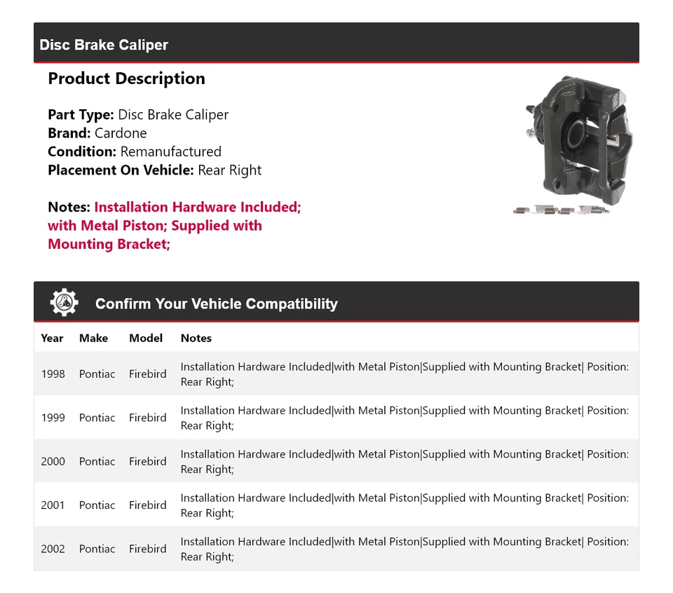 Pinza de freno de disco trasera derecha Cardone 1999 2000 para Pontiac Firebird 1998-2002 Foto 2 de 4