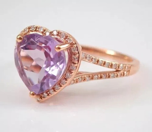 Anillo de compromiso con halo de amatista creado en laboratorio corte corazón de 2,50 quilates enchapado en oro rosa de 14 quilates - Imagen 5 de 7