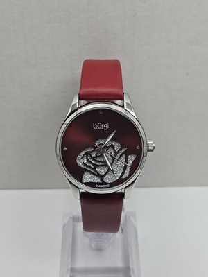 Burgi BUR189RD Womens Diamond Flower Dial Red Leather Quartz Watch New Battery