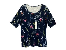 TIME AND TRU Womens Top Size Large Blue Floral Scoop Neck Short Sleeve