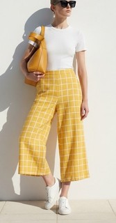 Elk The Label French Linen Check Wide Leg Crop Pants In Yellow Size 12