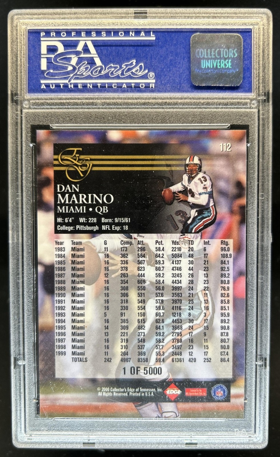 2000 Collector's Edge EG Dan Marino Uncirculated #112 Dolphins PSA 10 GEM MINT view 2