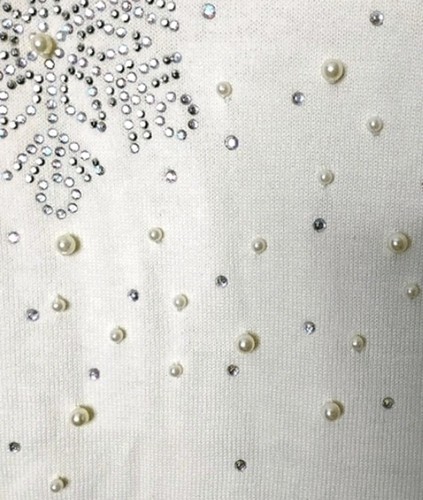 Quacker Factory Snowflake Sweater XS Cream V-Neck Rhinestone & Pearl Embellished - Picture 5 of 10