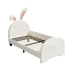 3ft Single Bed PU Upholstered Bed Frame with Headboard & Footboard, Cream White