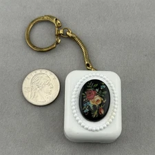 Vintage Sankyo Black Floral Cameo Porcelain Music Box Keychain Key Ring #60231