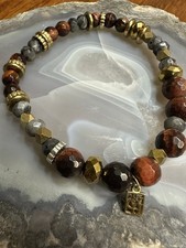 GRACE & HEART Red Tigers Eye, Labradorite, & Pyrite Stretch Bracelet NWOT