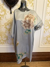 Silver Pure Silk Kaftan Style Dress with Oriental Flower design  size M