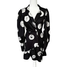 ASOS DESIGN Black White Tux Wrap Fluted Hem Mini Dress Size 8