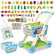 Kids Shopping Cart - 2 in 1 Toy Shopping Cart with Play Food Fruit Vegetable