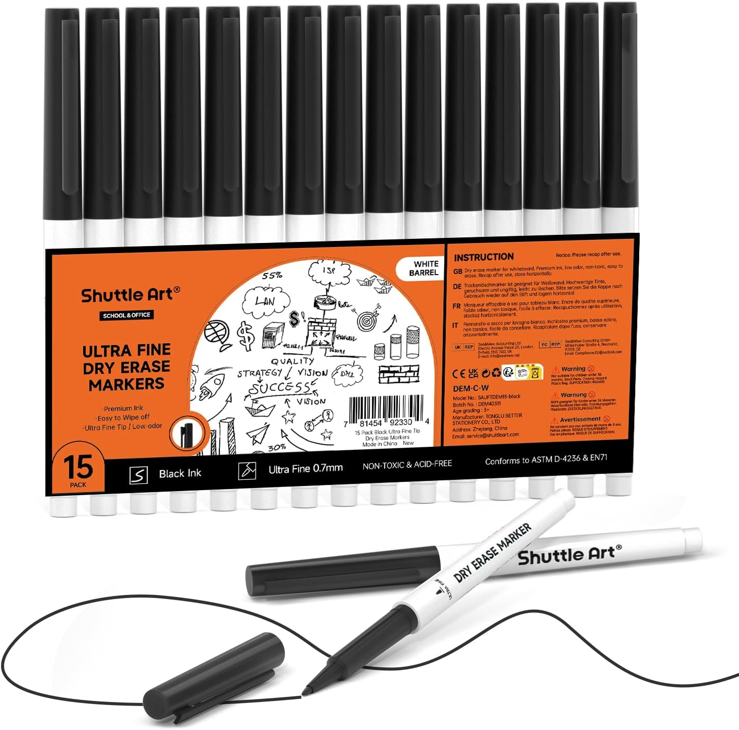 Ultra Fine Tip Whiteboard Pens, 15 Pack Black Whiteboard Markers Erasable, 0.7Mm