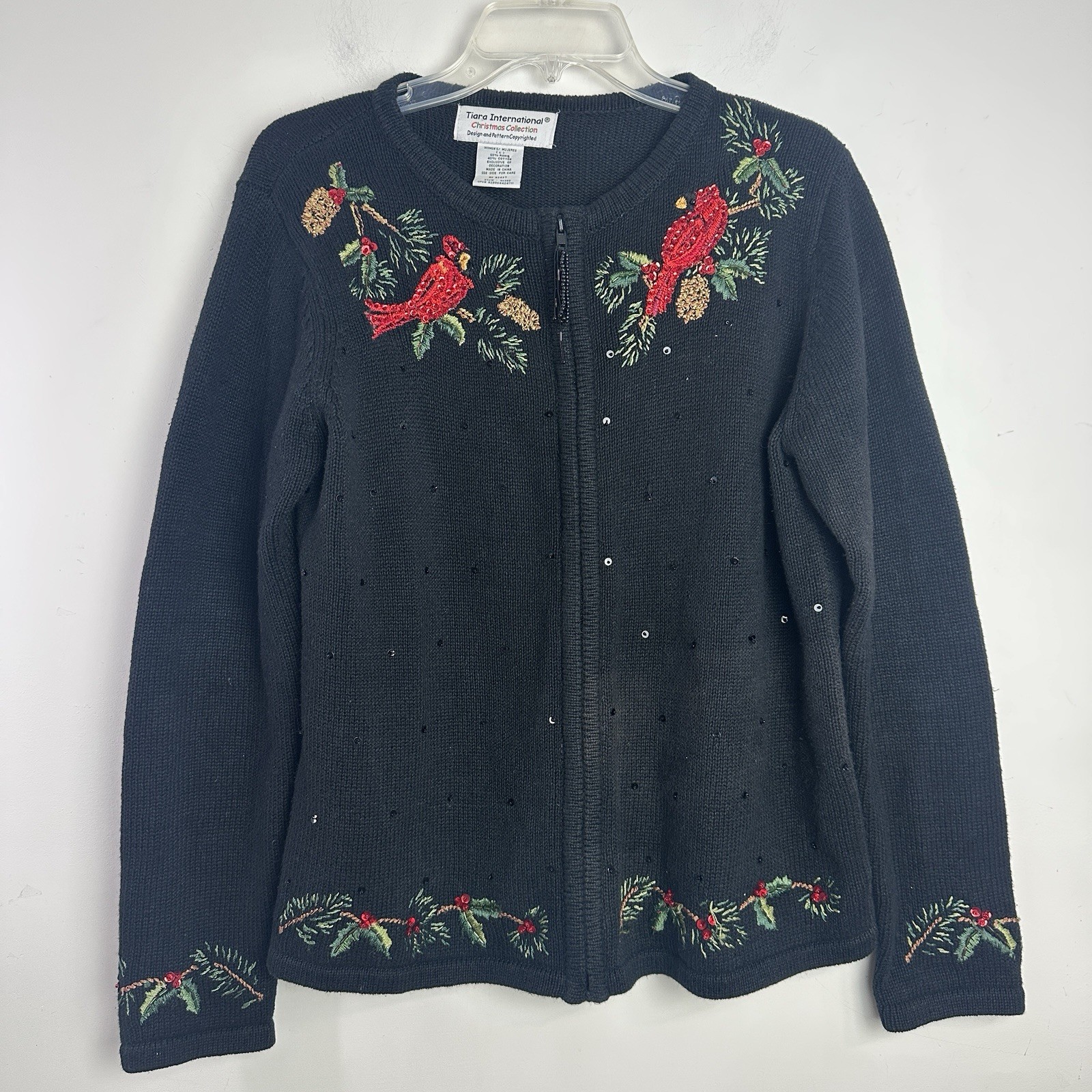 VTG Tiara International Christmas Collection sweater cardigan Red Bird Sz L Zip
