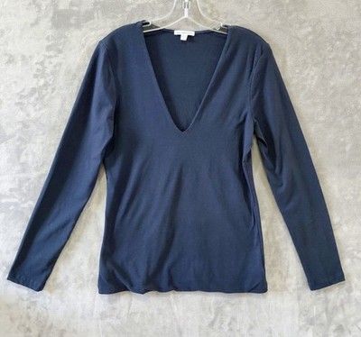 Standard James Perse Deep V-Neck Stretch Top Women's 4 (XL) Navy Long Sleeve